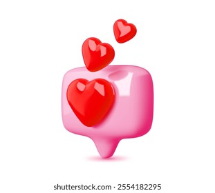 3d social media love heart bubble vector icon. Like message, social media comment or network notification, post or chat reaction button of square glossy pink speech bubble and red love hearts