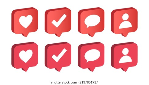 A los medios sociales 3D les encanta, como, comentar, aprobar, el diseño de iconos de usuario dentro de la burbuja de habla. Símbolo digital de notificación de comunicación en línea. visualización de la vista de perspectiva derecha.