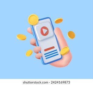 3d Social media mobile playing video make money passive income concept. social media with live streaming video on 3d mobile phone in holding hand. 3d rendering. Vector illustration