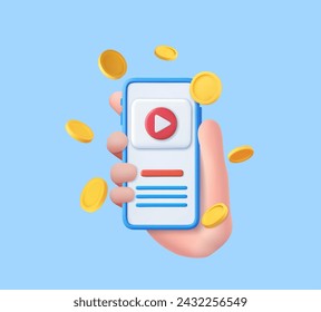 3d Social media mobile playing video make money passive income concept. social media with live streaming video on 3d mobile phone in holding hand. 3d rendering. Vector illustration