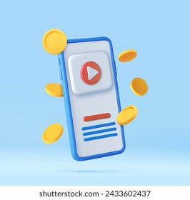 3d Social media mobile playing video make money passive income concept. social media with live streaming video on 3d mobile phone. 3d rendering. Vector illustration