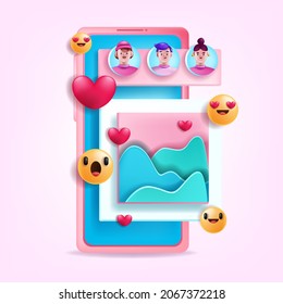 3D social media network illustration, vector smartphone screen, digital chat concept, people face like. Online marketing technology, follower reaction, post template user comment. 3D social media icon