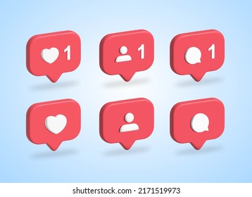 3D social media notification icon set vector, love, like, follow, comment