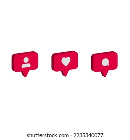 Icono de notificación en 3d medios sociales. Sigue, Como, Comentario.