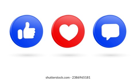 3d social media notification icons, Like love comment buttons in 3d modern style, Thumb up and heart icon. like, forward, comment repost icon