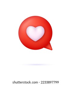 3D Social media notification love like heart icon. Message dialog button with red heart. Red speech bubble with white heart. Trendy and modern vector in 3d style.