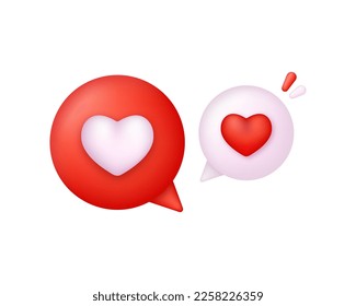 3D Social media notification love like heart icon. Message dialog button with red heart. Red speech bubble with white heart. Trendy and modern vector in 3d style.