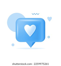 3d social media notification love like heart icon in blue pin isolated on white background with shadow 3D rendering. Vector illustration.