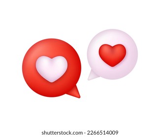 3D Social media notification love like heart icon. Message dialog button with red heart. Red speech bubble with white heart. Trendy and modern vector in 3d style.