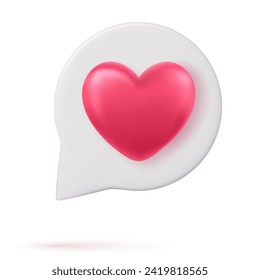 3d social media notification love like heart icon in white pin isolated on white background with shadow 3D rendering. Vector illustration