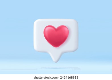 3d social media notification love like heart icon in red pin isolated on white background with shadow 3D rendering. Vector illustration