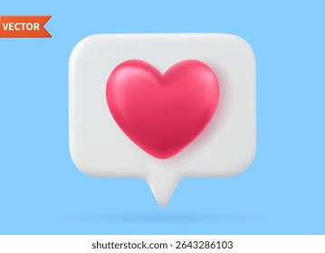 3d social media notification love like heart icon in red pin isolated on white background with shadow 3D rendering. Vector illustration