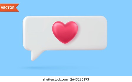 3d social media notification love like heart icon in red pin isolated on white background with shadow 3D rendering. Vector illustration