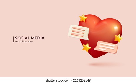 3d Social media notification. Realistic 3d design of love like heart icon in two rounded square speech bubbles. Love concept in cartoon minimal style. Vector illustration