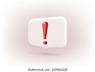 3 d marca de exclamación blanca de notificación en medios sociales en pin rojo redondo. Icono de la burbuja de voz en blanco rojo aislado en representación 3D de fondo blanco. Ilustración del vector