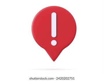 3d social media notification white exclamation mark in red round pin. Blank red speech bubble pin icon isolated on white background 3D rendering. Vector illustration