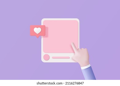 3D Social Media Online Platform Concept, Online Social Communication On Applications, Photo With With Hand And Love Emoji Icon, Like And Play In Red Bubble 3d Icons. 3d Vector Render Concept