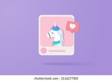 3D Social media online platform concept, online social communication on applications, Photo frame with unicorn and love emoji icon, like and play in red bubble 3d icons. 3d vector render concept