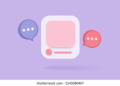 3D Social media online platform concept, online social communication on applications, Photo frame with heart and love emoji icon, like and play in red bubble 3d icons. 3d vector render concept