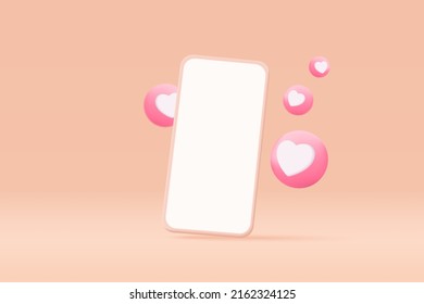 3D social media online platform concept, online social communication on applications, Mobile phone with heart and love emoji icon, like and play in red bubble 3d icons. 3d vector render concept