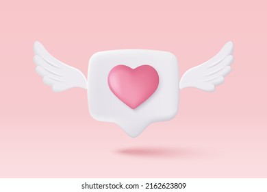 3D Social media online platform concept, online social communication on application, Photo frame with heart and love emoji icon, like and play in bubble icon. 3d heart with wings vector render concept