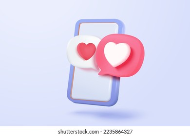 Concepto de plataforma en línea de medios sociales en 3D, comunicación social en línea, teléfono móvil con ícono de emoji de corazón y amor, me gusta y juega en burbuja roja. Icono vectorial del icono de amante de la valentina 3d