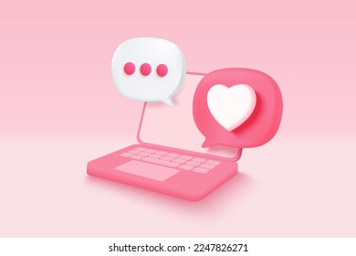 3D social media online platform concept, online social communication on laptop, Photo frame with heart and love emoji icon, like and play in red bubble icons. 3d heart vector render concept