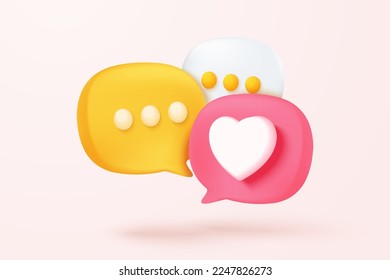 3D social media online platform, online social communication on notification, Photo frame with heart and love emoji 3d icon, like and play in red bubble icons. 3d heart icon vector render concept