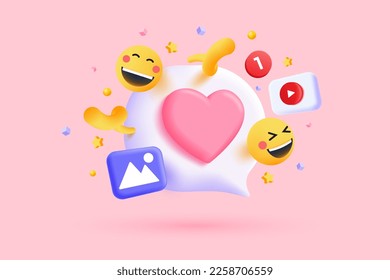 3D social media online platform concept, online social communication on applications, Photo frame with heart and love emoji icon, like and play in red bubble icons. 3d Vector illustration