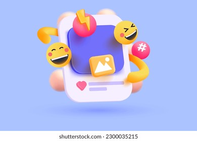 Concepto de plataforma en línea de medios sociales en 3D, comunicación social en línea sobre aplicaciones, marco fotográfico con icono de emoji, etiqueta e iluminación en íconos de burbuja rosa. 3.ᵉʳ concepto de representación vectorial