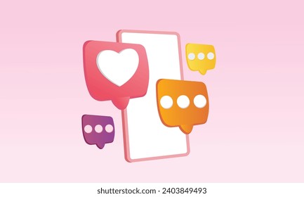 3D social media online platform concept, online social communication on applications, Mobile phone with heart and love emoji icon, like and play  3d handmade.3d goal for technology,online social.