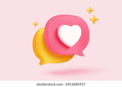 3D Concepto de plataforma en línea de medios sociales, comunicación social en línea sobre aplicaciones, fotograma con icono de emoji de corazón y amor, me gusta y juega con iconos 3d de burbuja roja. 3.ᵉʳ concepto de representación vectorial