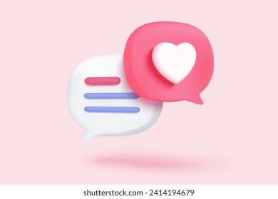 3D Concepto de plataforma en línea de medios sociales, comunicación social en línea sobre aplicaciones, fotograma con icono de emoji de corazón y amor, me gusta y juega con iconos 3d de burbuja roja. 3.ᵉʳ concepto de representación vectorial