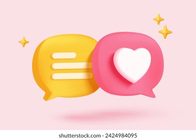 3D Social media online platform concept, online social communication on applications, Photo frame with heart and love emoji icon, like and play in red bubble 3d icons. 3d vector render concept