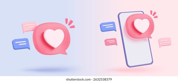3D social media online platform concept, online social communication on applications, Photo frame with heart and love emoji icon, like and play in red bubble icons. 3d heart vector render concept
