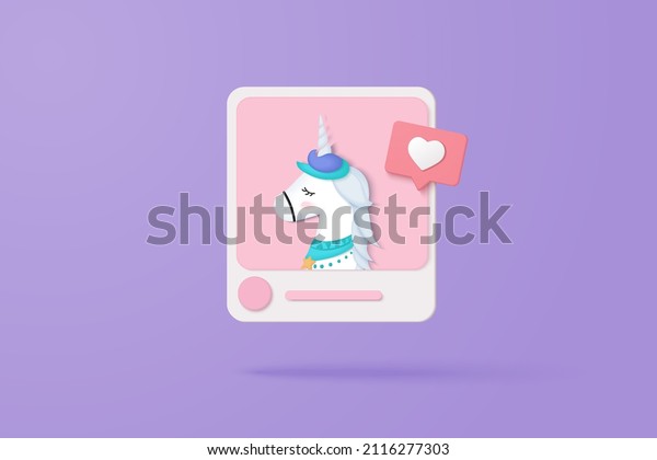 3D Social media online platform concept, online\
social communication on applications, Photo frame with unicorn and\
love emoji icon, like and play in red bubble 3d icons. 3d vector\
render concept