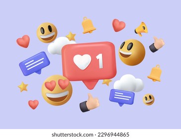 3D Social media platform, Social media 3d concept. Like, heart, thumbs up and smile emoji. 3D render SMM online communication isolated on blue background