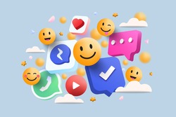 Piattaforma Di Media Sociali 3D, Concetto Di Applicazioni Di Comunicazione Sociale Online, Emoji, Cuori, Chiacchierare Su Sfondo Azzurro. Illustrazione Vettoriale 3d