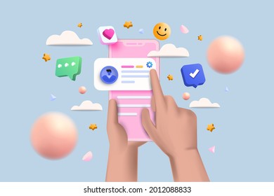 3D Social media platform, online social communication applications concept, emoji, hearts, chat and chart with smartphone background. 3d Vector illustration