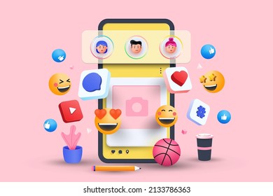 3D Social media platform, online social communication applications concept, emoji, hearts, chat and chart with smartphone background. 3d Vector illustration