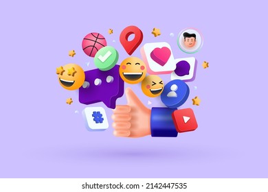 3D Plataforma de medios sociales, concepto de aplicaciones de comunicación social en línea, emoji, corazones, chat sobre fondo azul claro. 3.ª ilustración vectorial