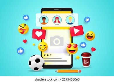 3D Plataforma de medios sociales, concepto de comunicación en línea. Plantilla de aplicaciones, emoji, corazones, pelota, chat y gráfico con fondo de smartphone. Ilustración del vector
