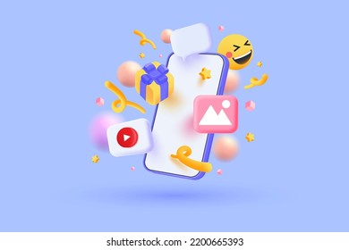 3D Social media platform, online social communication applications concept, emoji, image, chat and chart with smartphone background. 3d Vector illustration