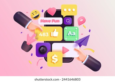 3D Social media platform, online social communication applications concept, emoji, hearts, chat and chart with smartphone background. 3d Vector illustration