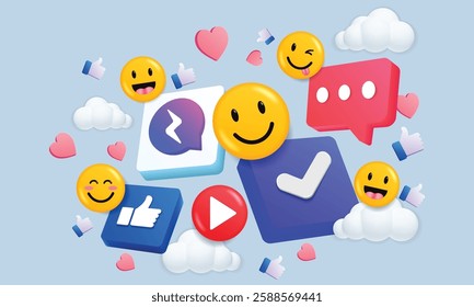 3D Social media platform, online social communication applications concept, emoji, hearts, chat on light blue background. 3d Vector illustration