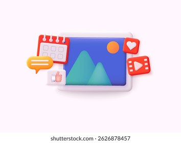 3D Social media platform, online social communication applications concept. 3D Web Vector Illustrations.
