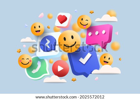 3D Social media platform, online social communication applications concept, emoji, hearts, chat on light blue background. 3d Vector illustration