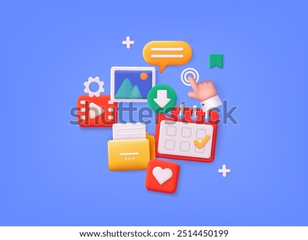 3D Social media platform, online social communication applications concept. 3D Web Vector Illustrations.