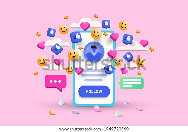 3D Social media platform, online\
social communication applications concept, emoji, hearts, chat and\
chart with smartphone background. 3d Vector\
illustration
