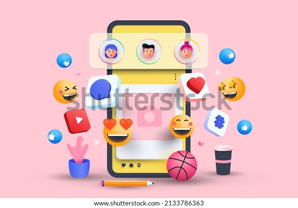 3D Social media platform, online\
social communication applications concept, emoji, hearts, chat and\
chart with smartphone background. 3d Vector\
illustration